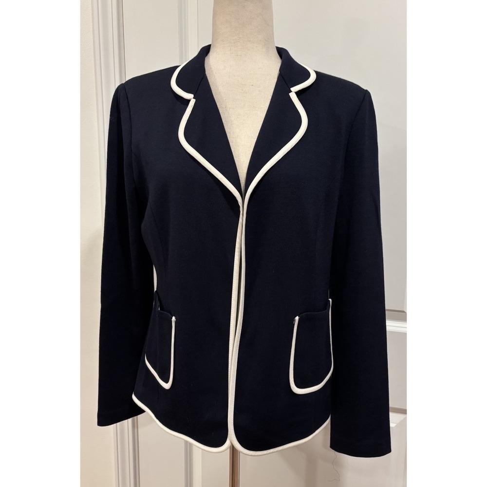 St. John Knit Open Front Wool Blend Cardigan Blazer Blue White Trim Size 10